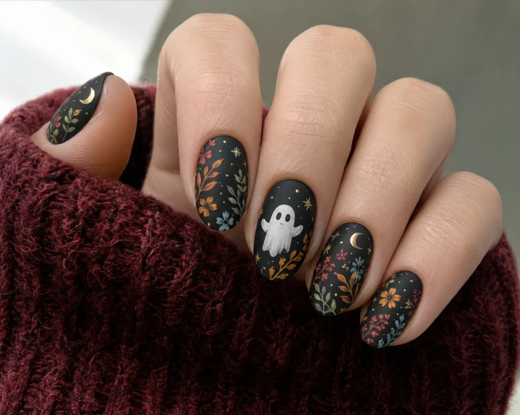 Matte black Halloween nails with white ghost, flowers, leaves, moon, and stars