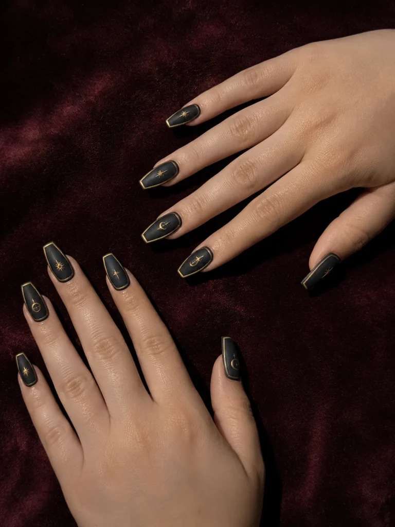 Matte black coffin-shaped Halloween nails with gold outlines and crosses