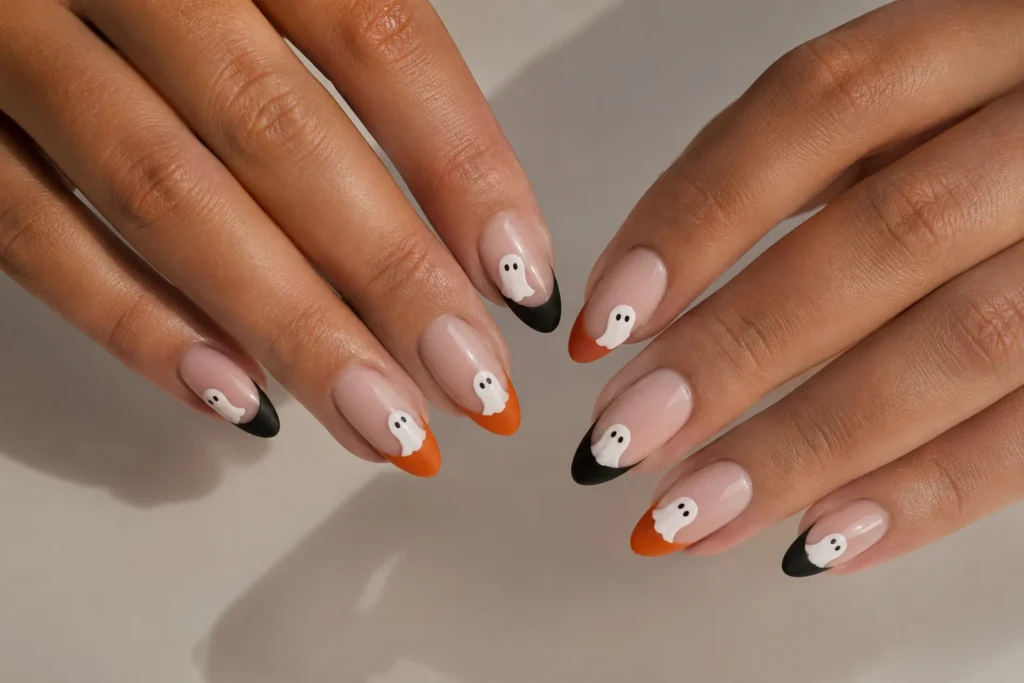 Minimal Halloween nails with black and orange French tips and white ghosts