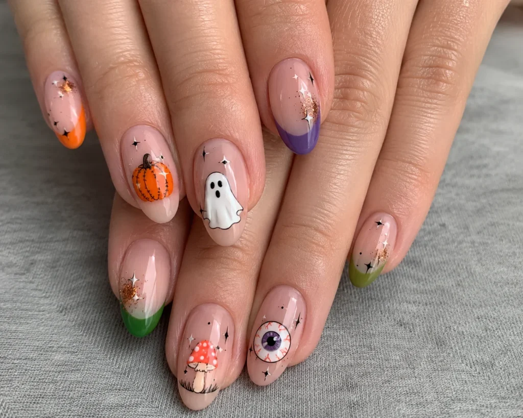 Colorful Halloween nails with pumpkins, ghosts, mushrooms, stripes, and eyeball art