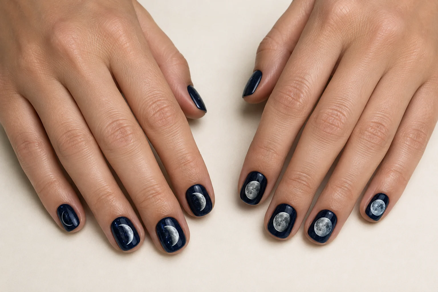 Short midnight-blue Halloween nails featuring painted moon phases