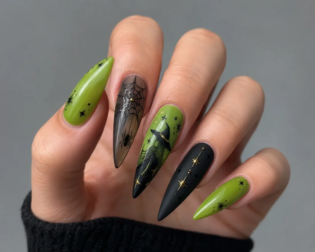 Long black and neon-green Halloween nails with witch, spiderweb, and star art