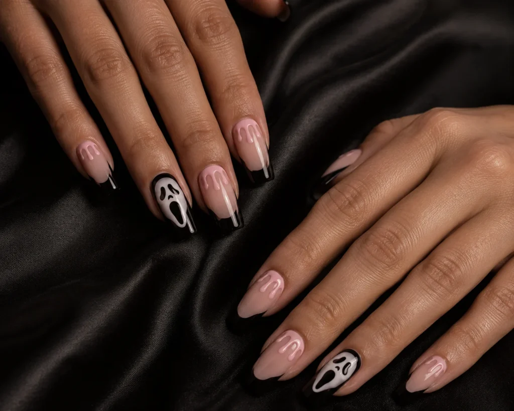 Long pink Halloween nails with raised drips and black-and-white mask accent