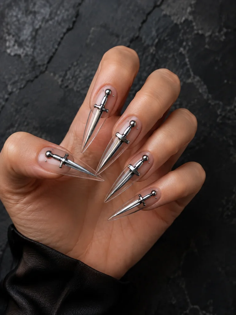 Clear pointed Halloween nails with metallic silver dagger designs