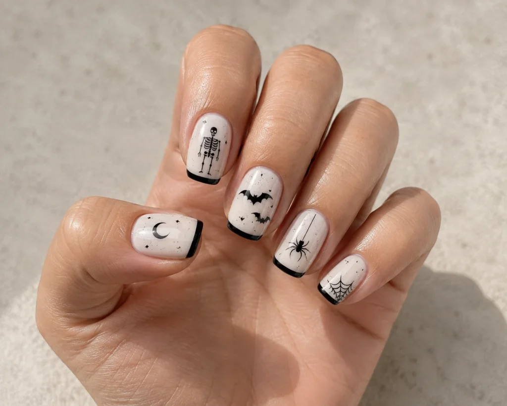 White Halloween nails with black skeleton, bats, spider, moon, and French-tip details