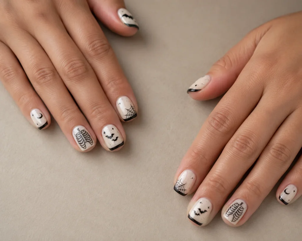 White Halloween nails with black skeleton, bats, spider, moon, and French-tip details