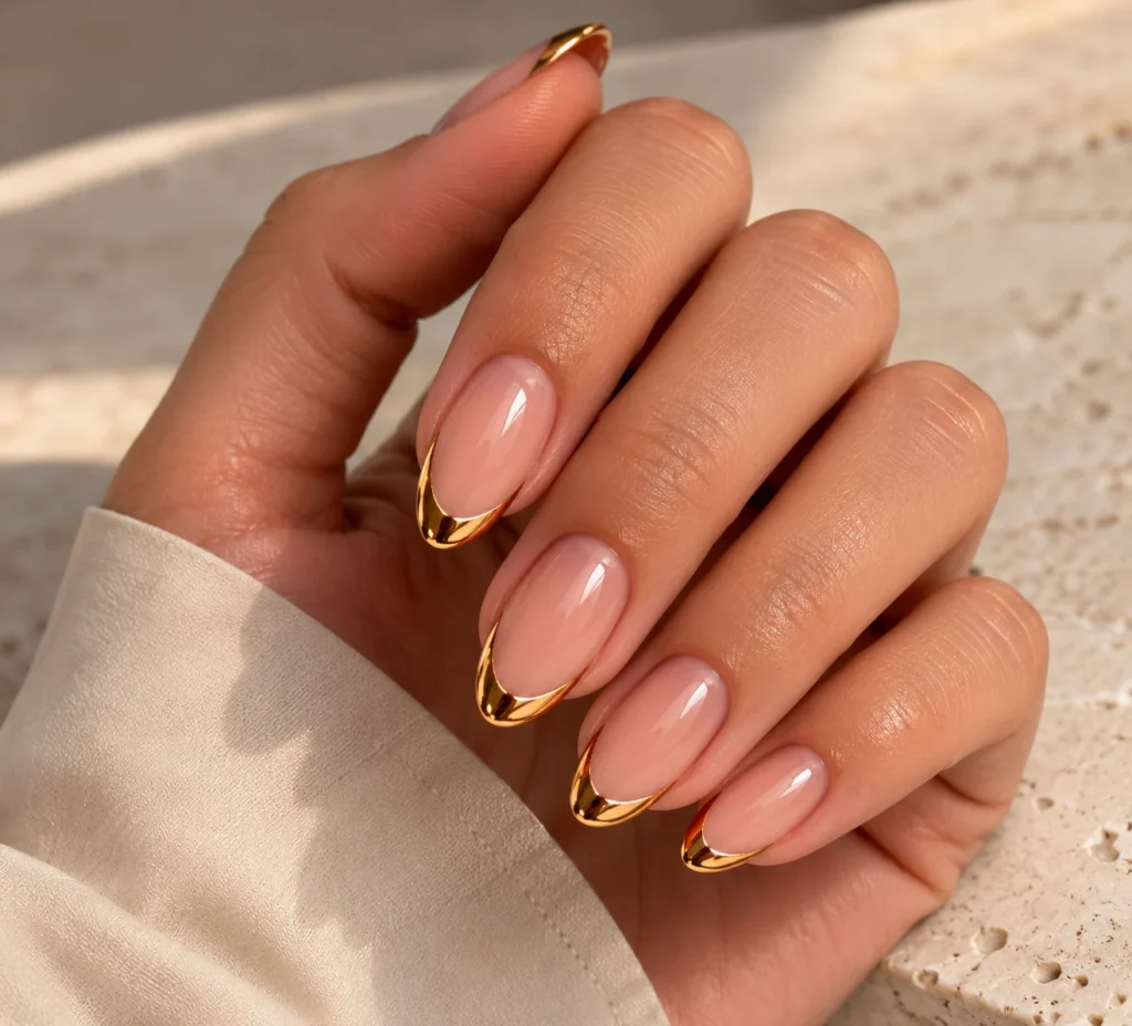 17 September Nail Ideas for a Stylish Start to Fall Amber chrome French tips over sheer blush nails
