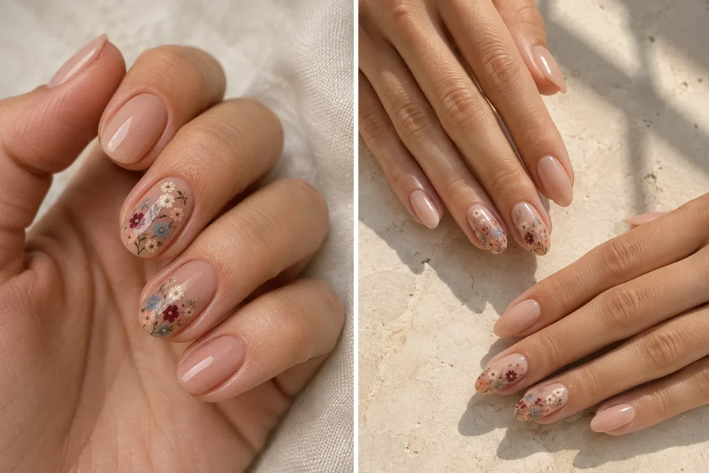 17 September Nail Ideas for a Stylish Start to Fall Sheer September nails with delicate autumn flowers