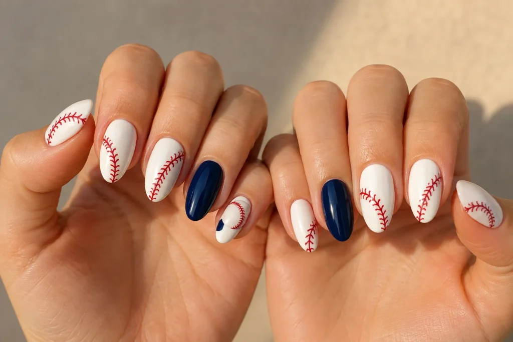 Baseball nail ideas with red stitches, white polish and navy accents