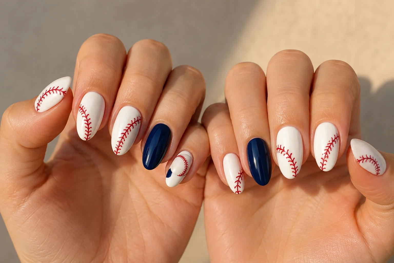 Baseball nail ideas with red stitches, white polish and navy accents