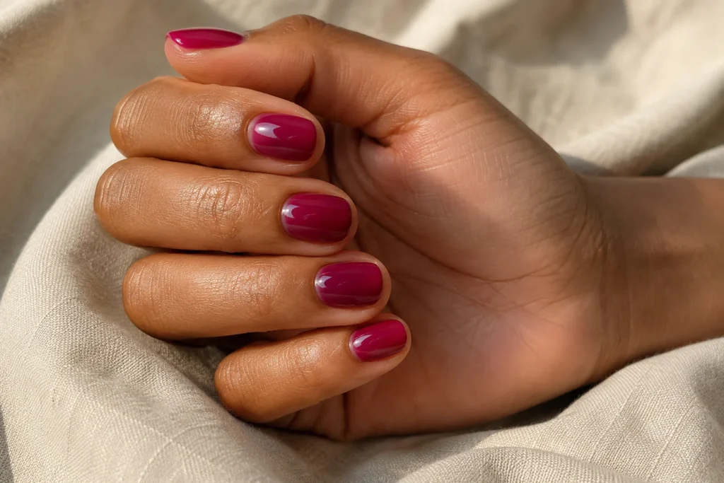 17+ Summer to Fall Transition Nails for the Perfect Seasonal Balance Translucent berry jelly summer to fall transition nails on short oval nails