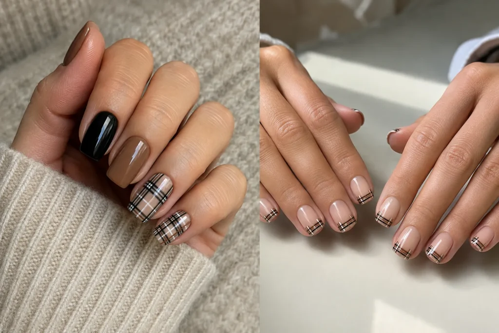 17 September Nail Ideas for a Stylish Start to Fall Black, cream and camel plaid accent nails