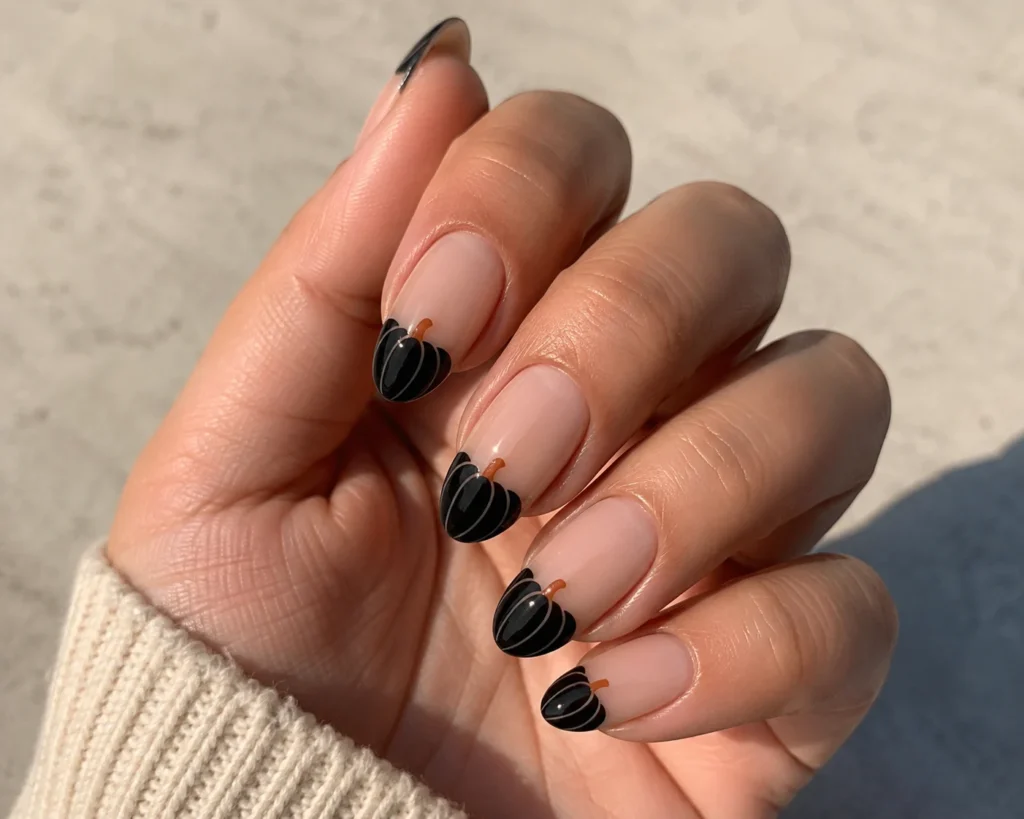 19+ Pumpkin Nails for a Chic and Playful Fall Manicure black pumpkin french tip nails