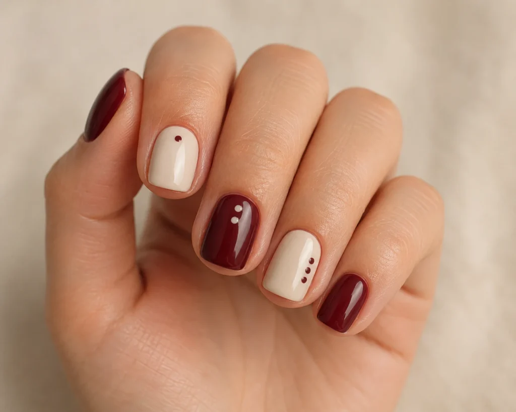 17 September Nail Ideas for a Stylish Start to Fall Burgundy and cream micro-polka-dot nails