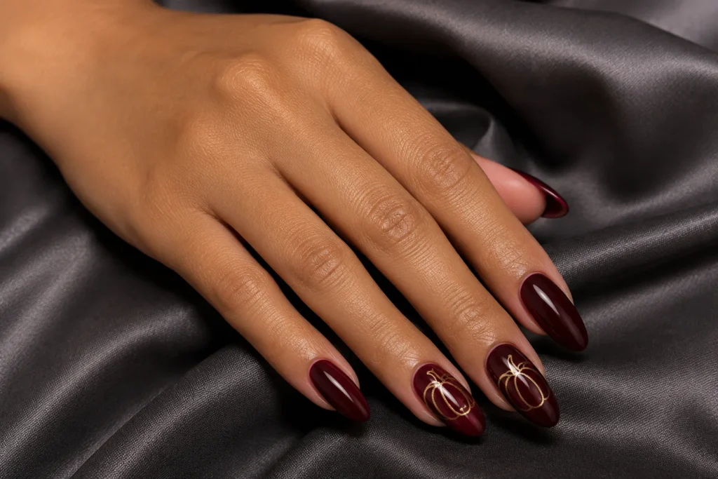 19+ Pumpkin Nails for a Chic and Playful Fall Manicure burgundy gold pumpkin nails