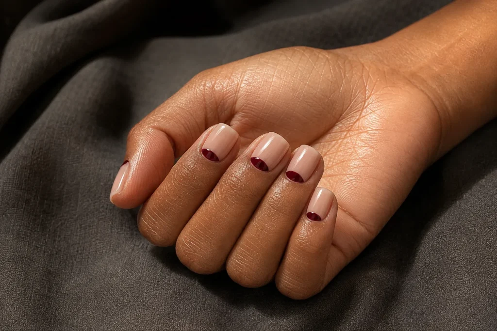 17+ Summer to Fall Transition Nails for the Perfect Seasonal Balance Glossy burgundy half-moon nail design over sheer nude polish
