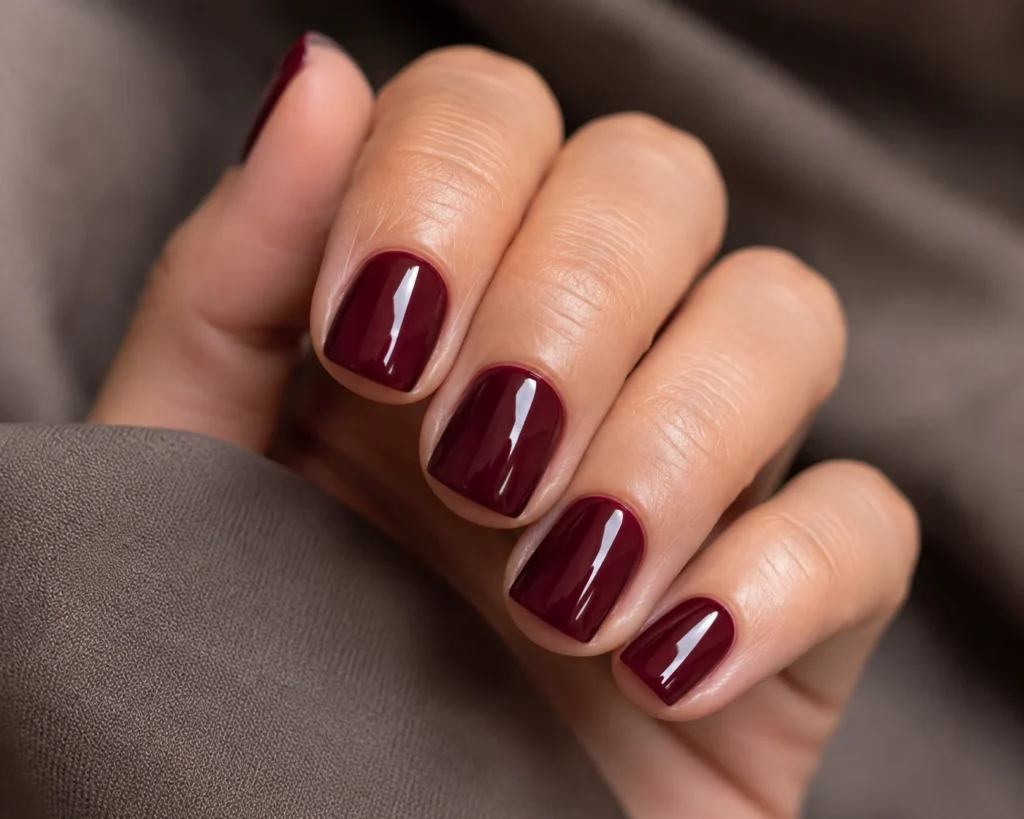 17+ Old Money Nails That Make Quiet Luxury Look Effortless Deep burgundy old money nails on a short squoval shape.