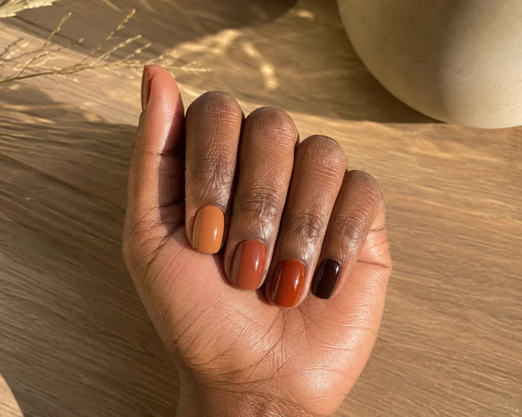 19+ Burnt Orange Nail Designs for a Rich, Modern Manicure Burnt orange and brown tonal nail designs on short nails