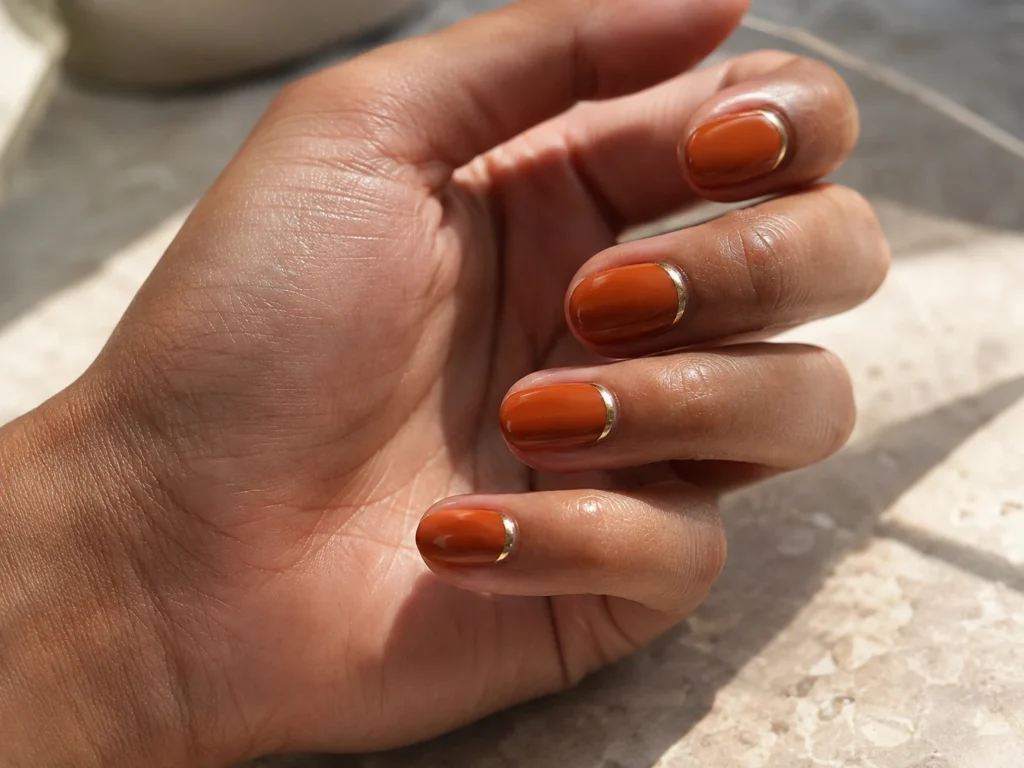19+ Burnt Orange Nail Designs for a Rich, Modern Manicure Burnt orange and gold nail designs with champagne half-moons