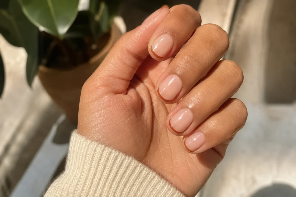 19+ Burnt Orange Nail Designs for a Rich, Modern Manicure Short burnt orange nail designs with thin micro-French tips