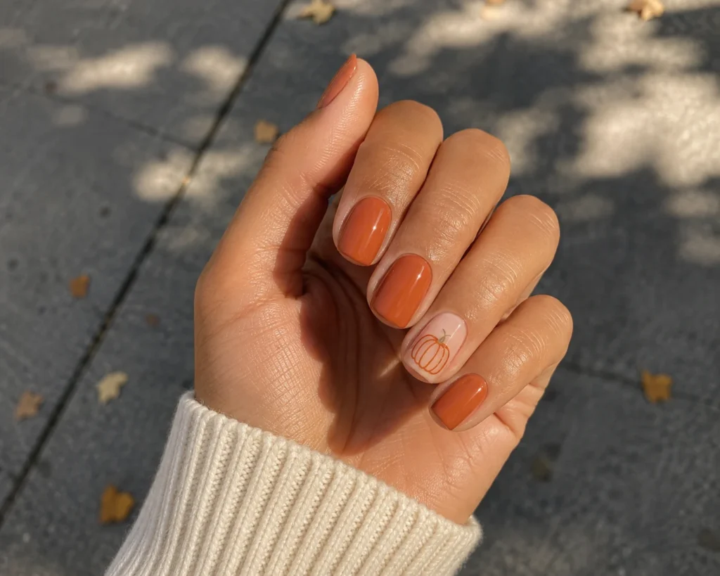 19+ Burnt Orange Nail Designs for a Rich, Modern Manicure Burnt orange pumpkin nail designs with a miniature accent