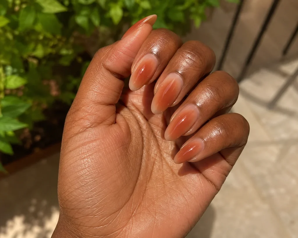 19+ Burnt Orange Nail Designs for a Rich, Modern Manicure Burnt orange terracotta aura nail designs on almond nails