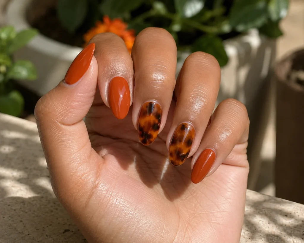 19+ Burnt Orange Nail Designs for a Rich, Modern Manicure Burnt orange nail designs with translucent tortoiseshell accents