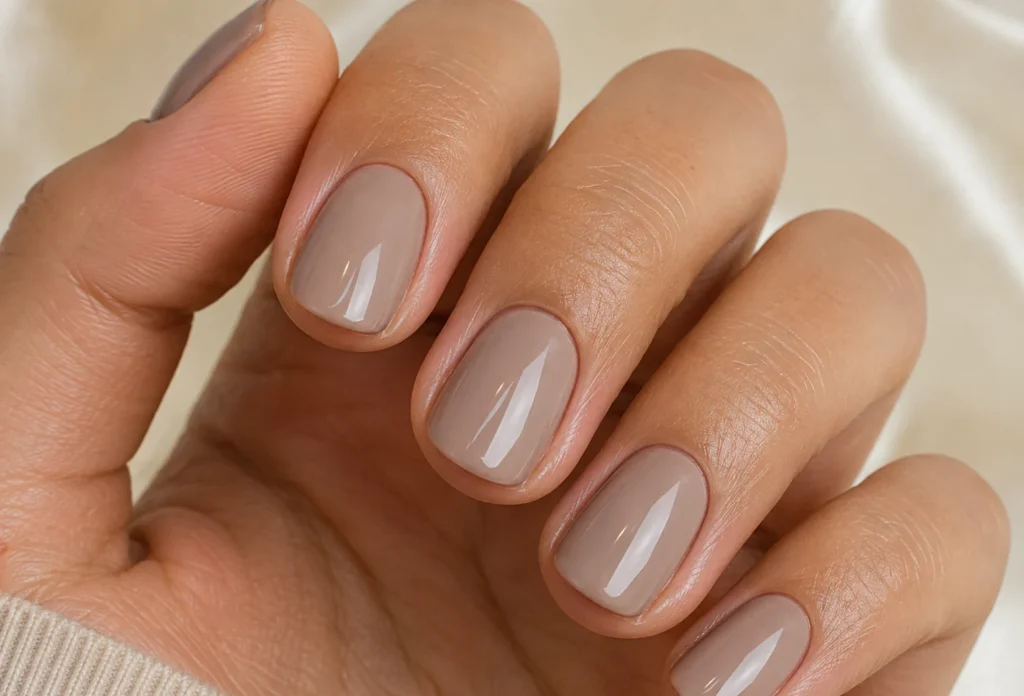 17+ Old Money Nails That Make Quiet Luxury Look Effortless Short oval nails painted a glossy cashmere taupe shade.