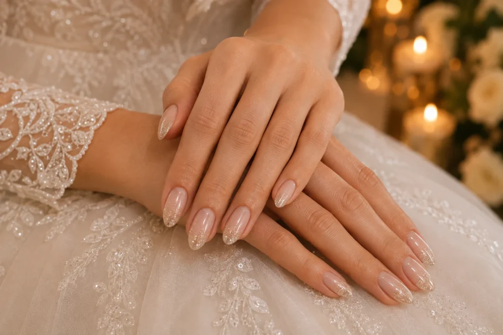 17+ Wedding Nails That Feel Elegant, Personal and Picture-Perfect Champagne shimmer wedding nails with a fine glitter gradient