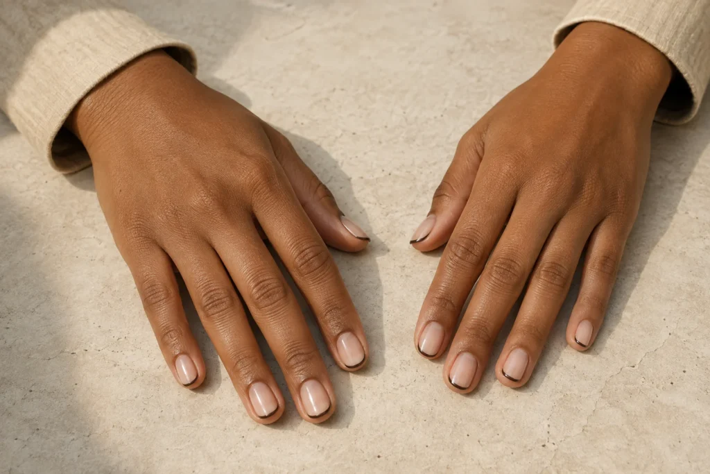 17+ Old Money Nails That Make Quiet Luxury Look Effortless Sheer nude old money nails with thin chocolate-brown French tips.