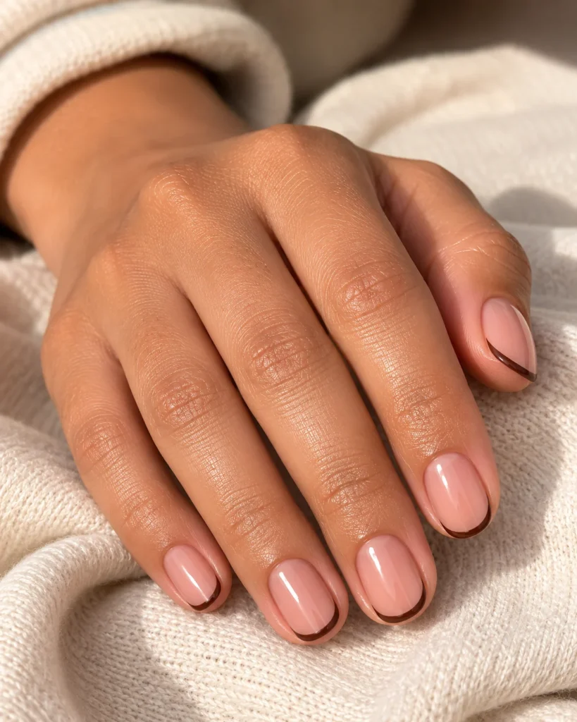17+ Summer to Fall Transition Nails for the Perfect Seasonal Balance Sheer nude nails with thin chocolate micro-French tips for early fall