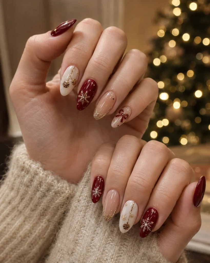 25 Christmas Nail Design That Feel Festive, Chic, and Beautiful Christmas nail designs with red, white, gold and festive holiday details