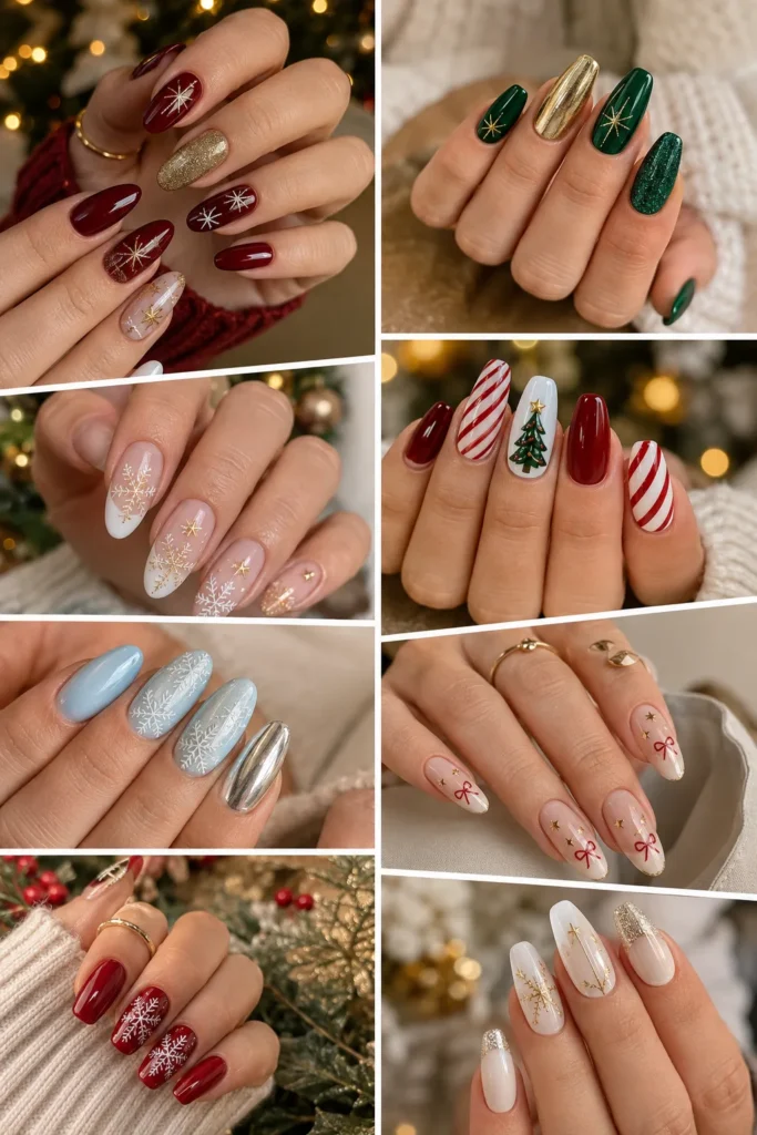 25 Christmas Nail Design That Feel Festive, Chic, and Beautiful Christmas nail designs collage with festive red, green, white, gold and silver manicures