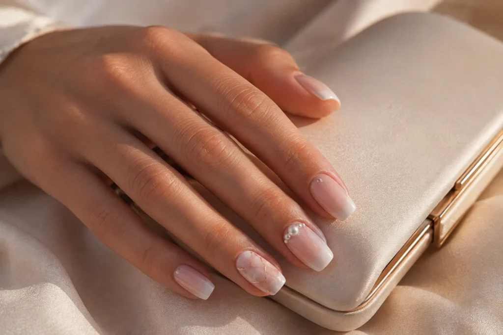 Classy formal nail designs with French ombré, champagne shimmer and pearls