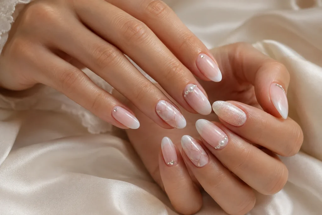 Classy formal nail designs with French ombré, champagne shimmer and pearls