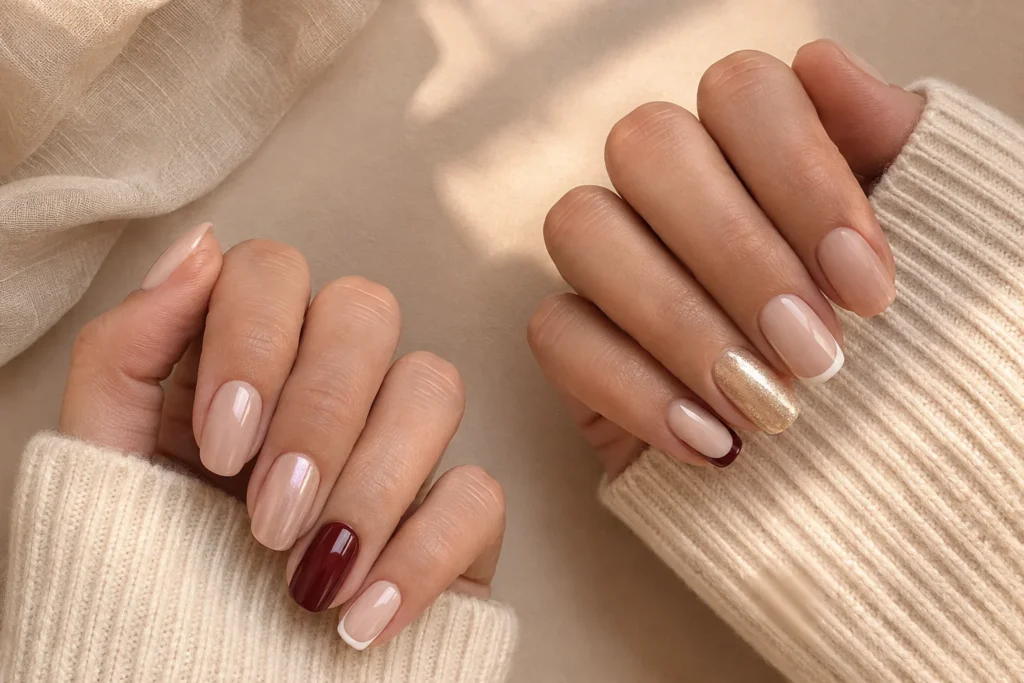 Classy nail designs featuring neutral, French, burgundy and pearl manicures