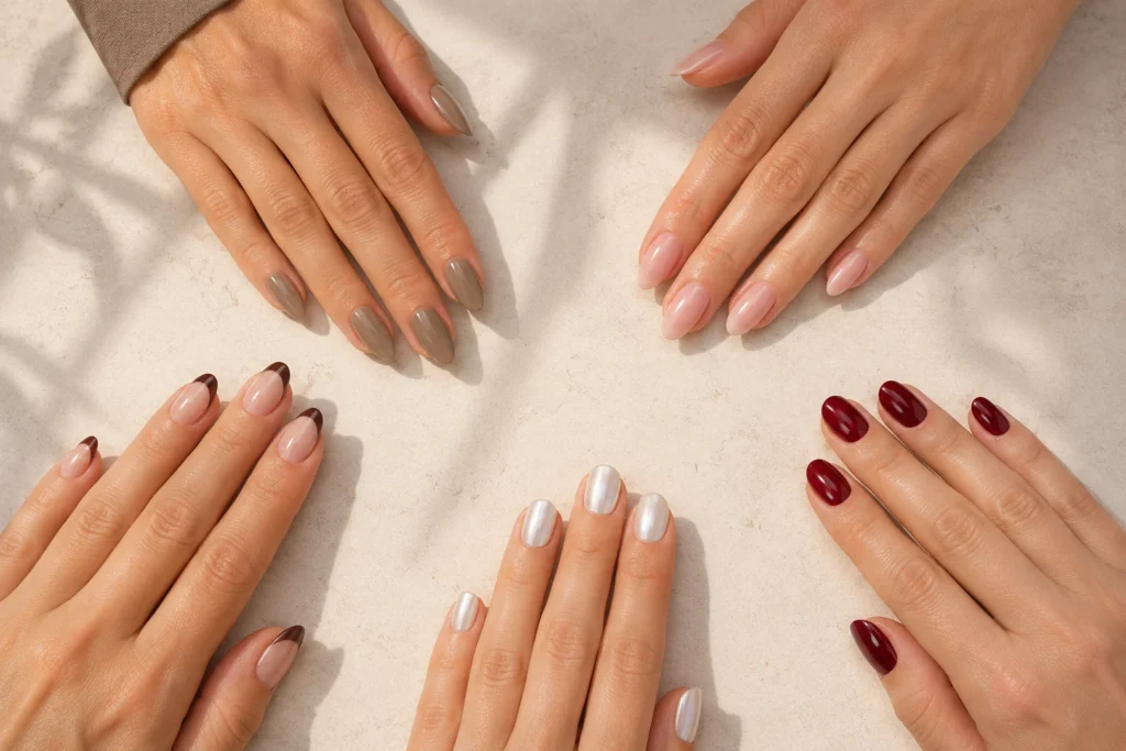 Classy nail designs featuring neutral, French, burgundy and pearl manicures