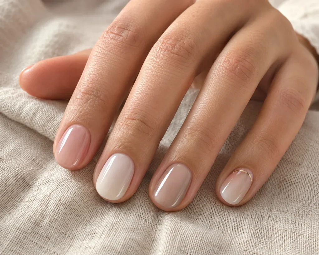 Classy neutral nail designs in sheer pink, milky nude, taupe and soft white