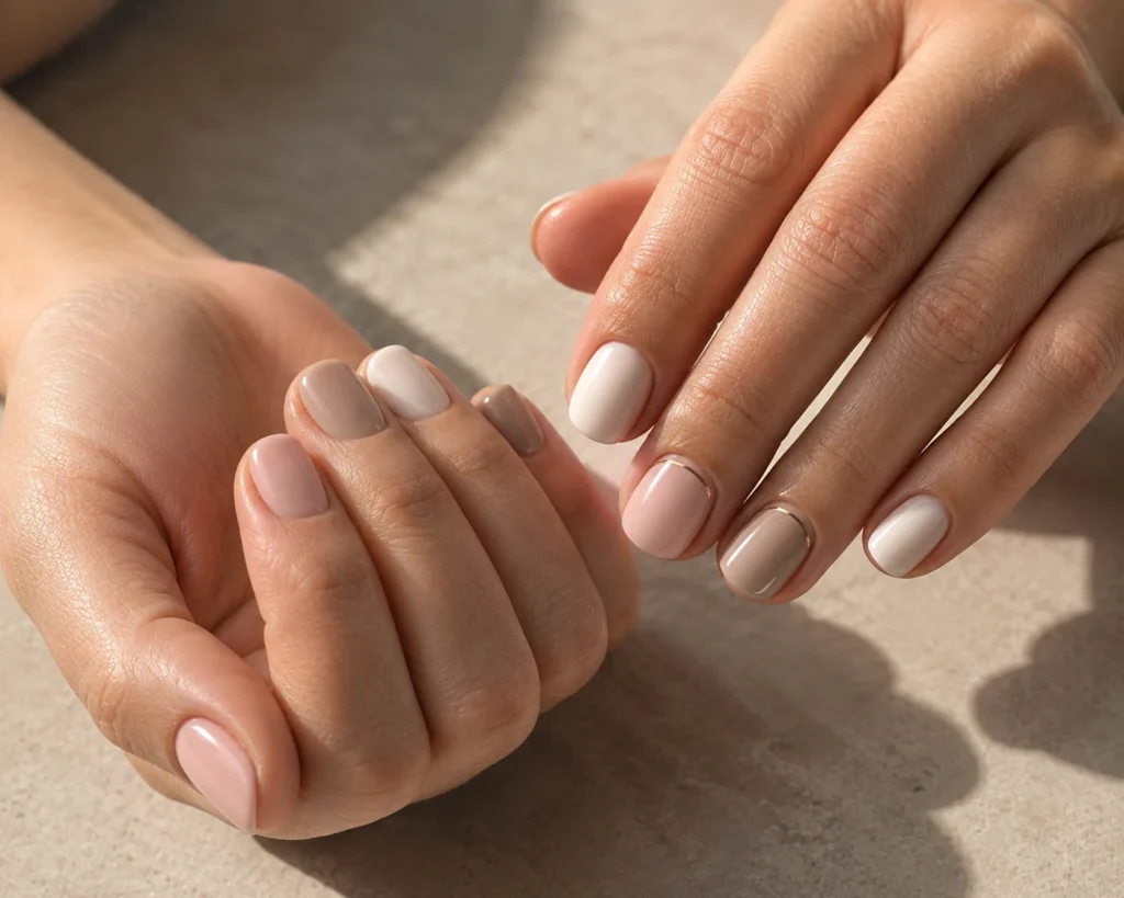 Classy neutral nail designs in sheer pink, milky nude, taupe and soft white