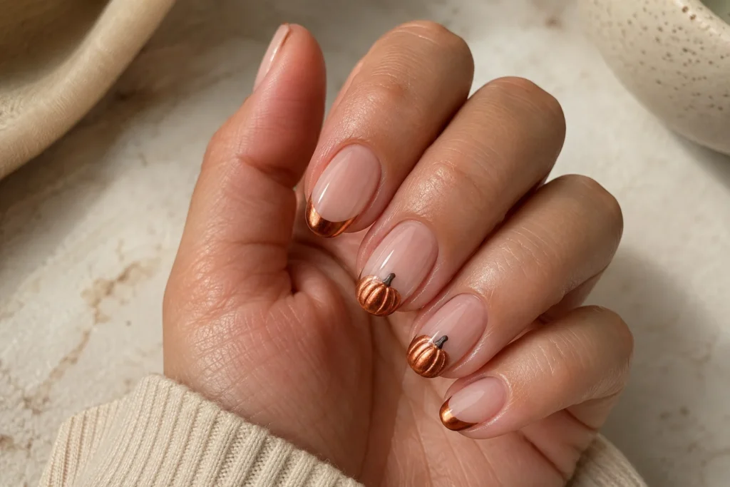 19+ Pumpkin Nails for a Chic and Playful Fall Manicure copper chrome pumpkin french tips