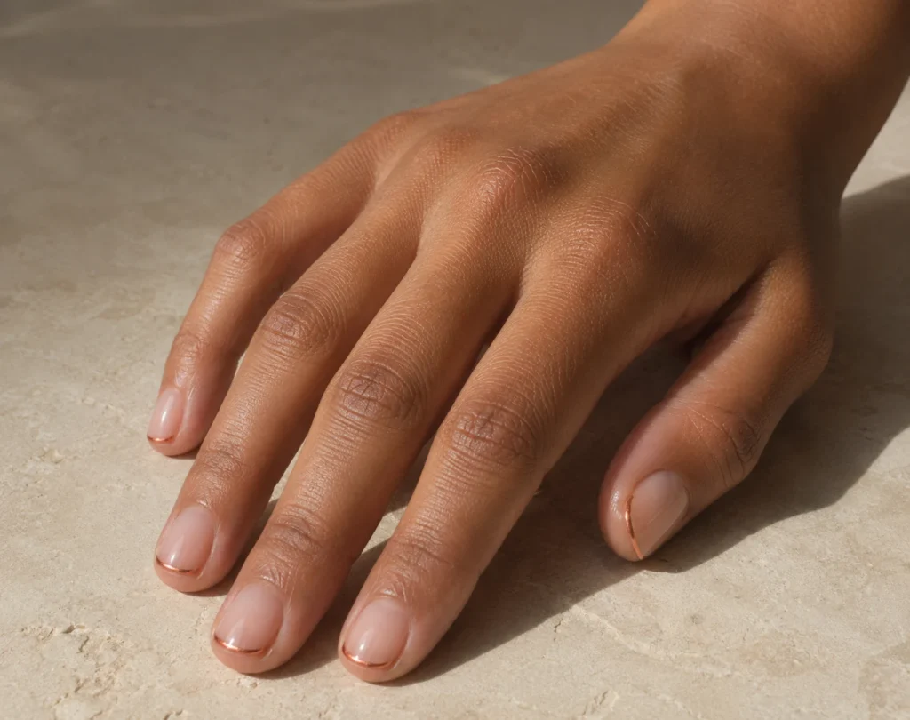 17+ Summer to Fall Transition Nails for the Perfect Seasonal Balance Short nude nails with delicate copper metallic edges