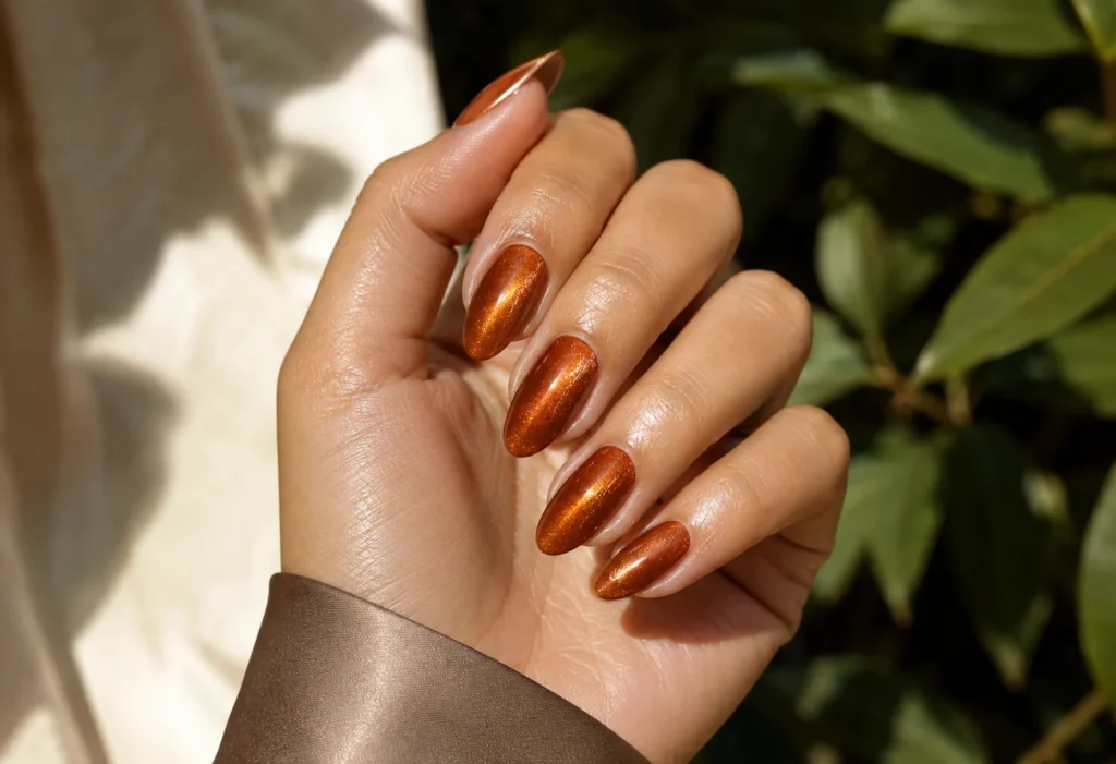 19+ Burnt Orange Nail Designs for a Rich, Modern Manicure Copper velvet burnt orange nail designs on almond nails