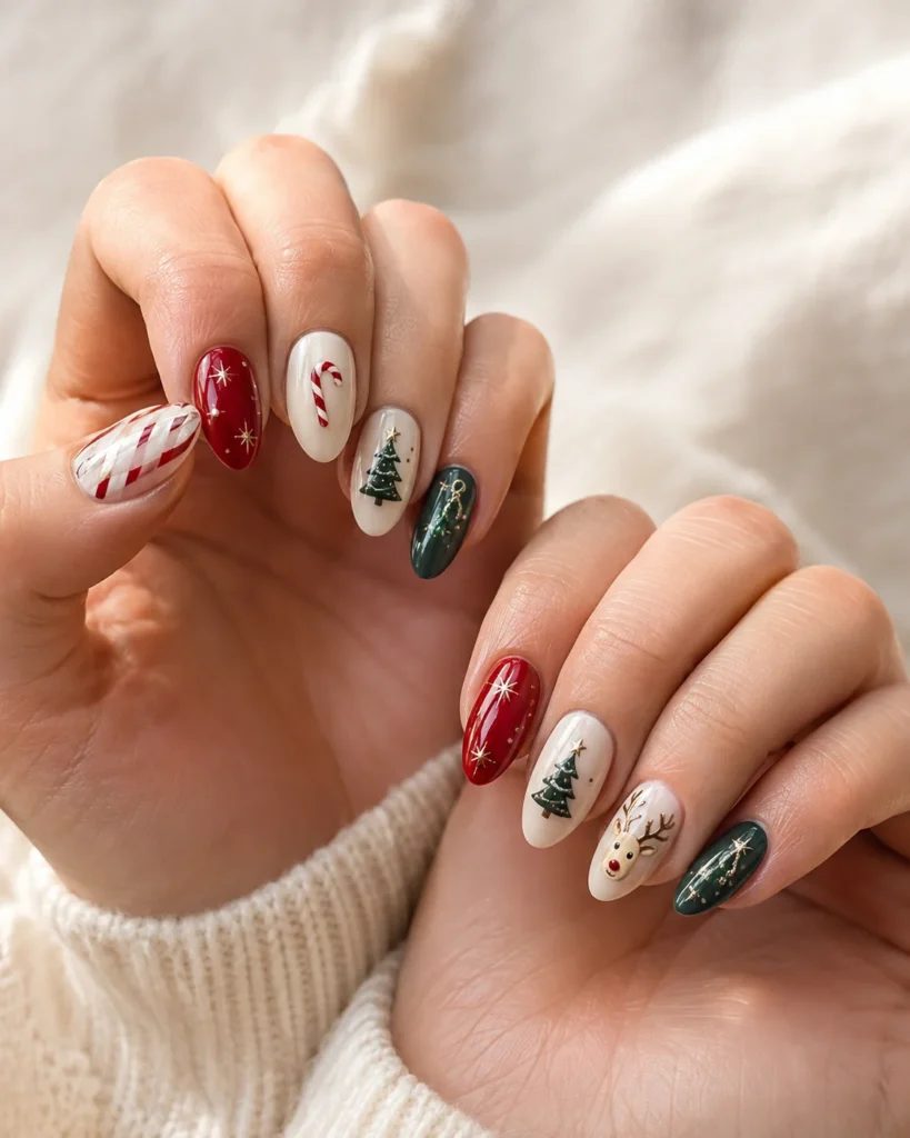 25 Christmas Nail Design That Feel Festive, Chic, and Beautiful Cute Christmas nail art with candy canes, trees and festive details