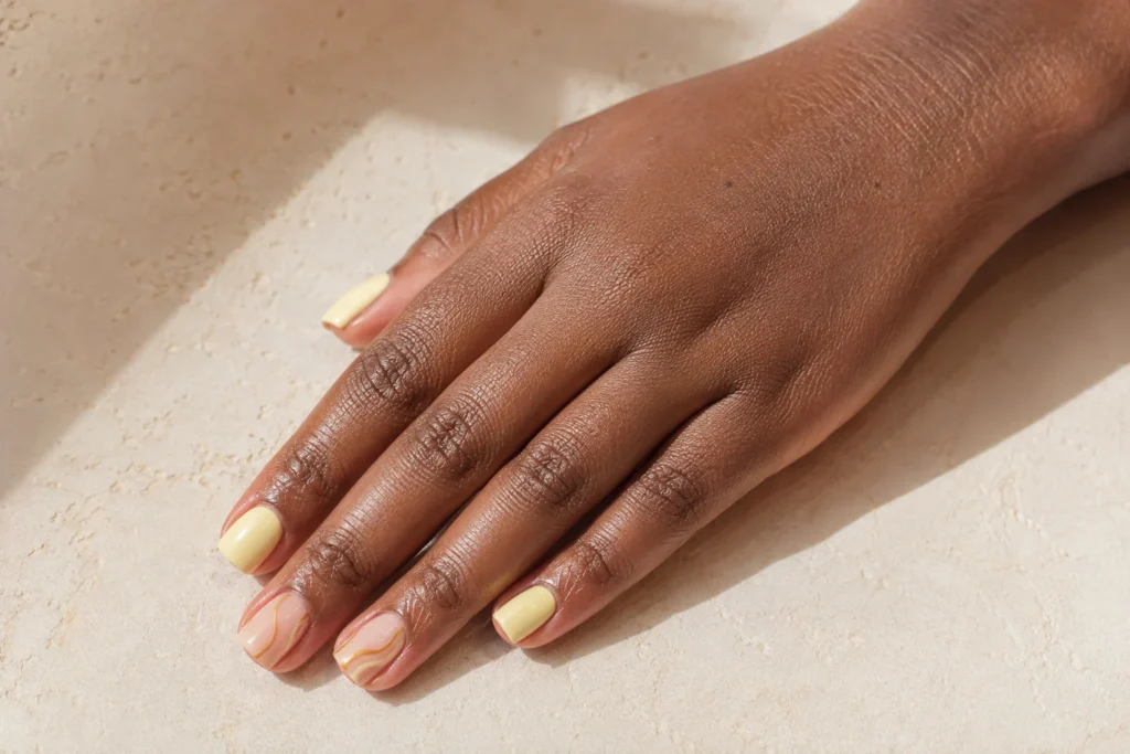 Cute short nail designs with creamy butter-yellow polish and caramel accents