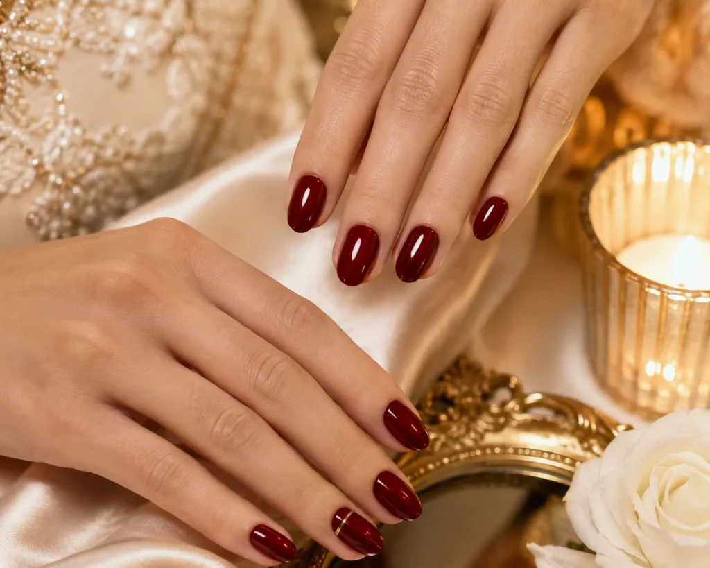 17+ Wedding Nails That Feel Elegant, Personal and Picture-Perfect Glossy deep cherry wedding nails in oval and almond shapes