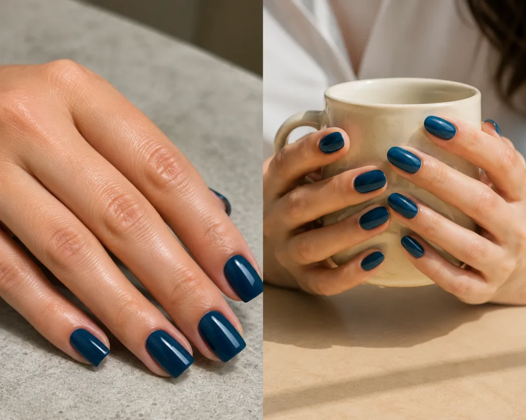 17 September Nail Ideas for a Stylish Start to Fall Glossy deep ocean-blue nails for September