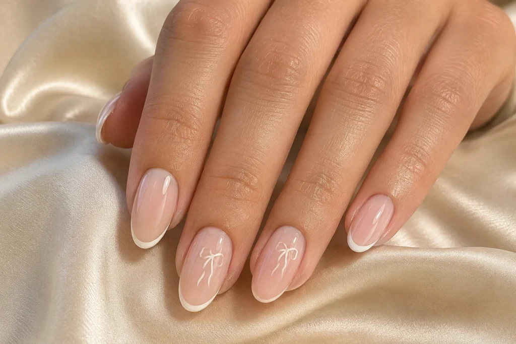 17+ Wedding Nails That Feel Elegant, Personal and Picture-Perfect Romantic wedding nails with tiny hand-painted ivory bows