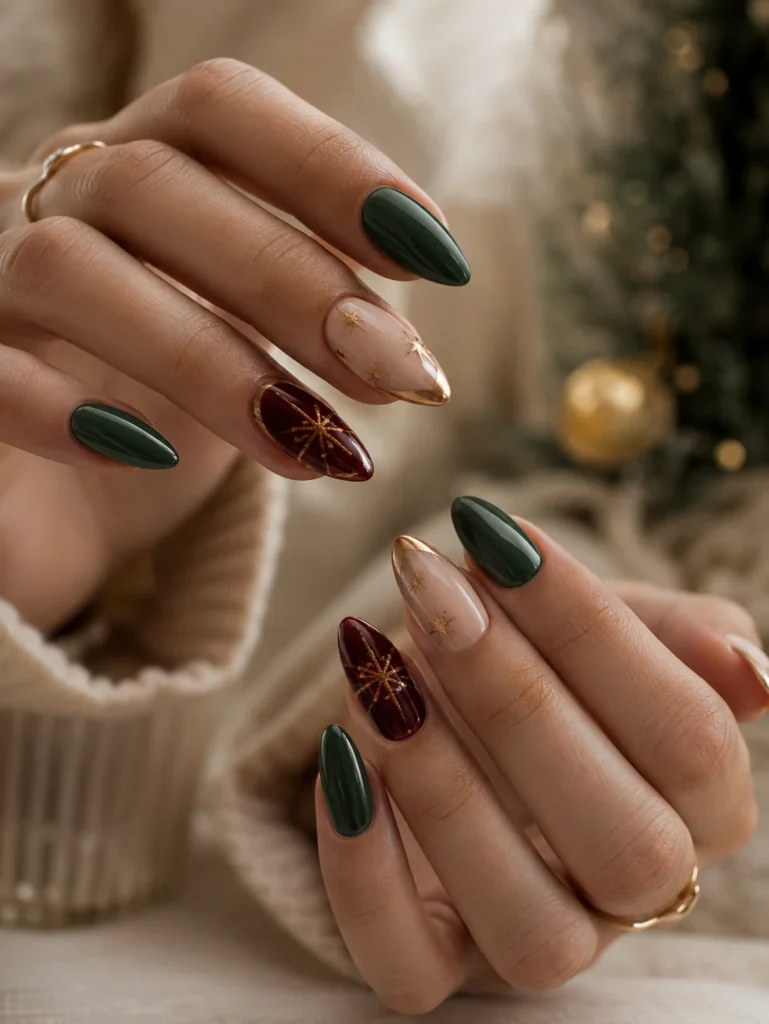 25 Christmas Nail Design That Feel Festive, Chic, and Beautiful Elegant Christmas nail designs with red, emerald and gold accents