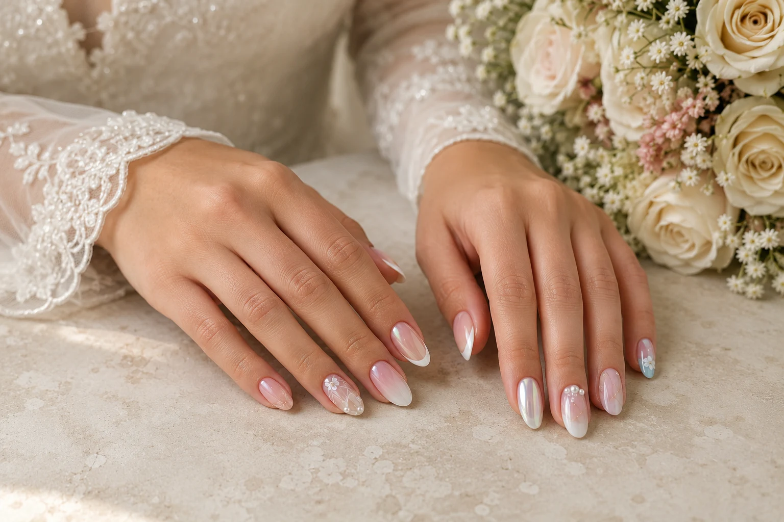 our-services-03 Elegant wedding nails featuring French tips, pearl chrome, florals and blush designs