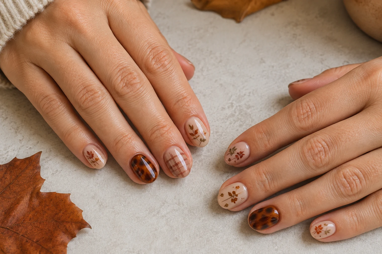 25 Fall Nail Design Ideas to Try in Fall 2026 Fall nail art with leaves plaid and tortoiseshell accents